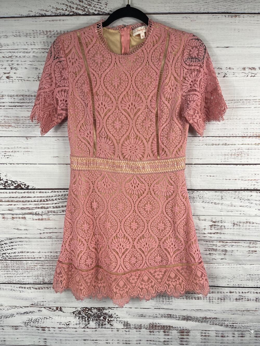 Hailey & Co Dress Women's Medium Pink Lace Short Sleeve Lined Zip Scallop Hem
